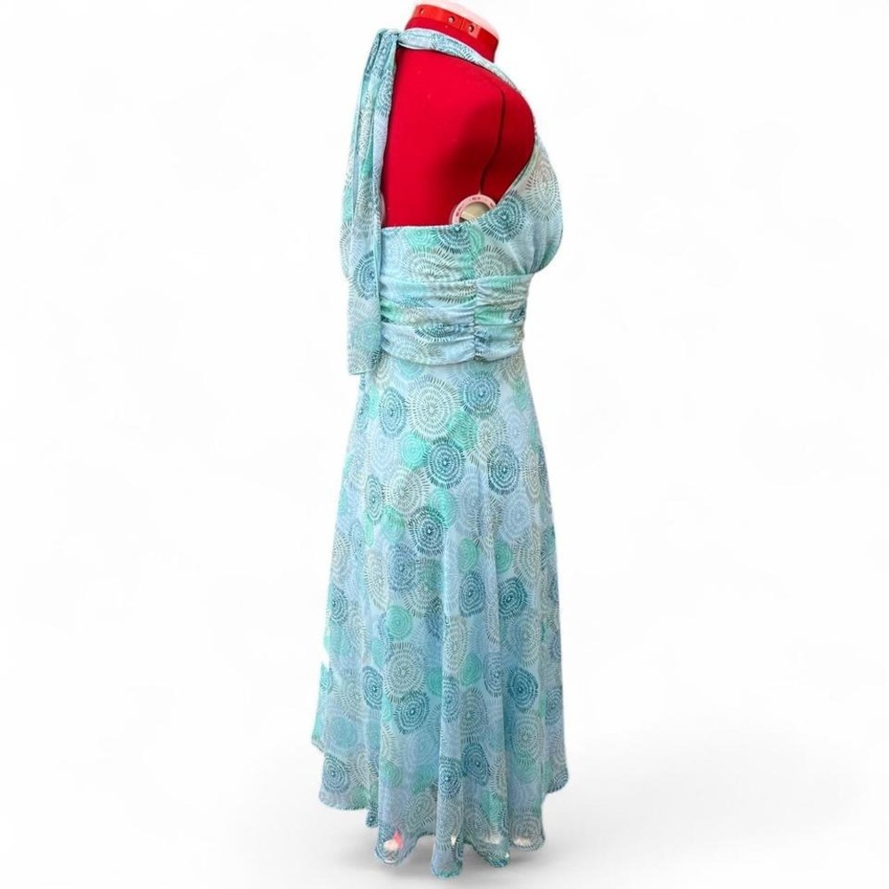 Connected Apparel Y2K Light Blue & Green Swirl Halter Dress Ruched Waist Size 8 - Picture 3 of 7